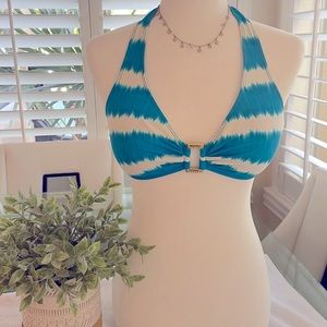 Lauren Ralph Lauren White Turquoise Blue Bikini Top Halter Tie sz 8 EUC Cute